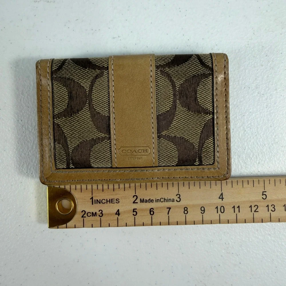 Coach Card Holder Signature Jacquard Leather Trim ID Holder Window Brown‎ Tan